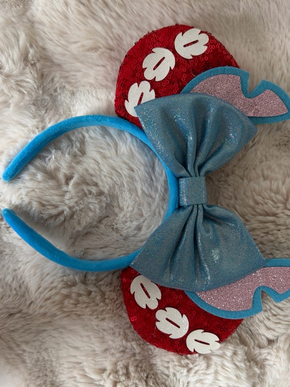 Blue Bow Kids Headband with Red Sequin Ears